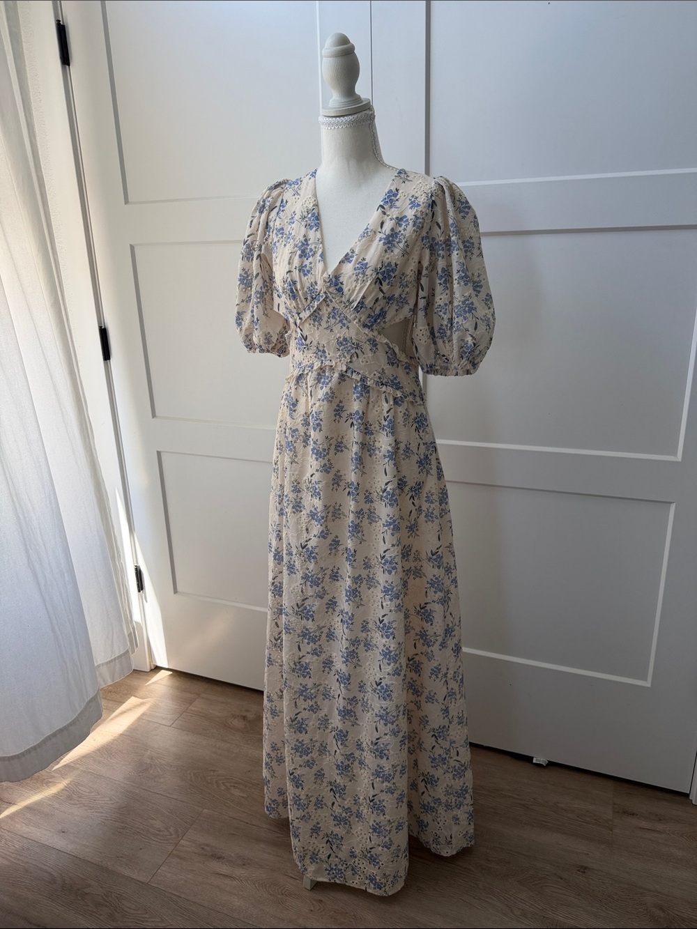 Petal and pup Floral Puff-Sleeve Maxi Dress in Cream and Blue with side cutouts